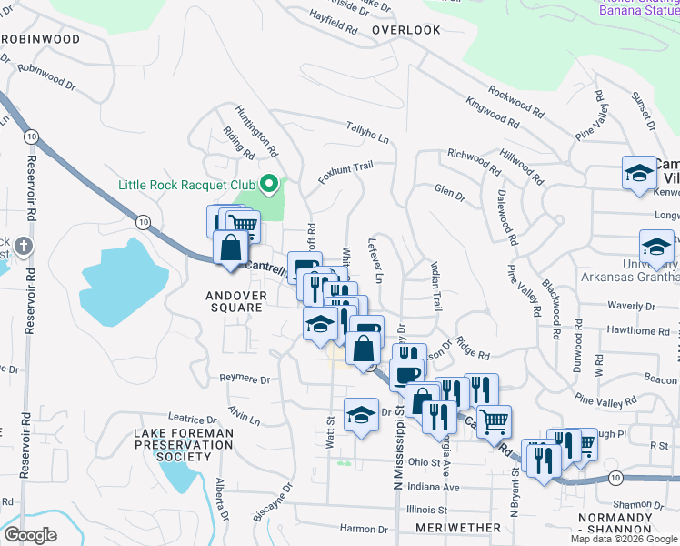 map of restaurants, bars, coffee shops, grocery stores, and more near 77 White Oak Lane in Little Rock