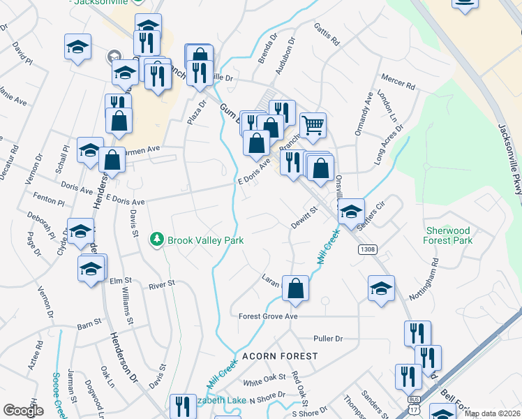 map of restaurants, bars, coffee shops, grocery stores, and more near 311 Bracken Place in Jacksonville