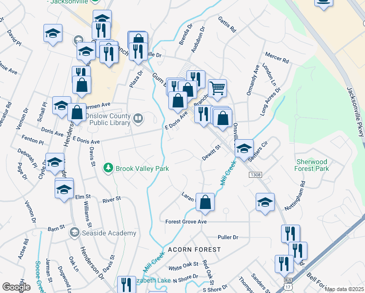 map of restaurants, bars, coffee shops, grocery stores, and more near 330 Bracken Place in Jacksonville