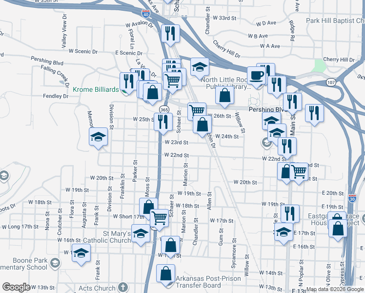 map of restaurants, bars, coffee shops, grocery stores, and more near 825 West 22nd Street in North Little Rock