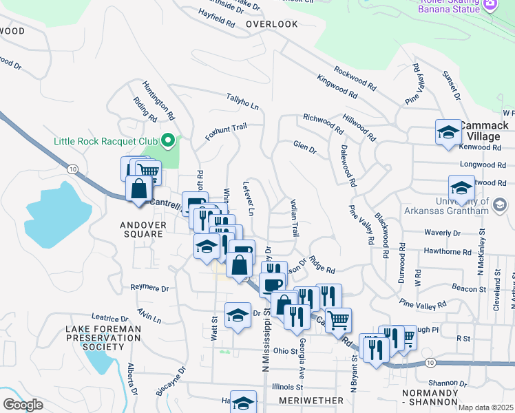 map of restaurants, bars, coffee shops, grocery stores, and more near 58 Lefever Lane in Little Rock
