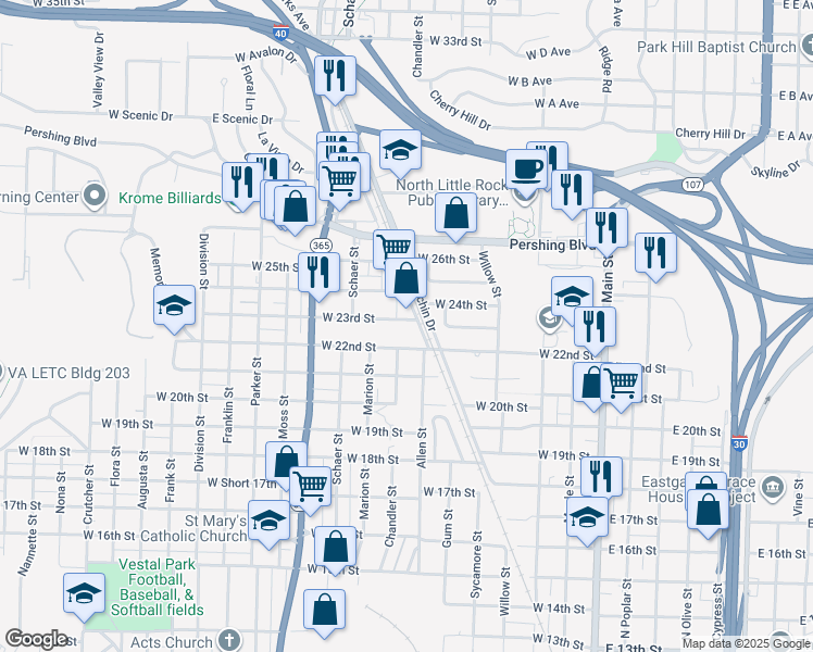 map of restaurants, bars, coffee shops, grocery stores, and more near 608 West 23rd Street in North Little Rock