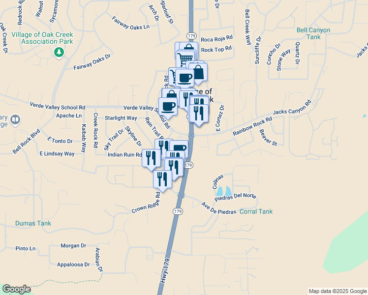 map of restaurants, bars, coffee shops, grocery stores, and more near 65 Verde Valley School Road in Sedona