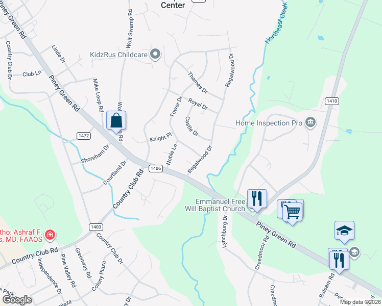 map of restaurants, bars, coffee shops, grocery stores, and more near 103 Tower Drive in Jacksonville