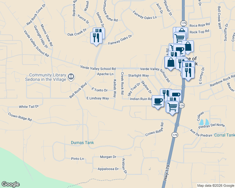 map of restaurants, bars, coffee shops, grocery stores, and more near 330 East Lindsay Way in Sedona