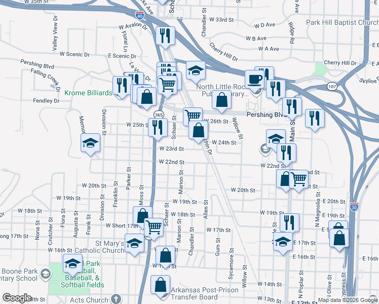 map of restaurants, bars, coffee shops, grocery stores, and more near 707 West 22nd Street in North Little Rock