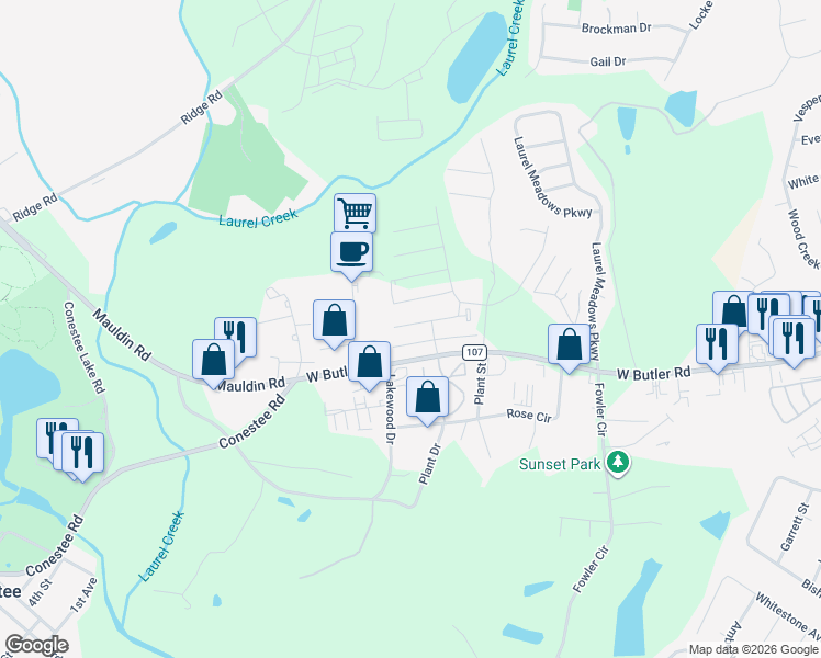 map of restaurants, bars, coffee shops, grocery stores, and more near 1100 W Butler Rd in Greenville