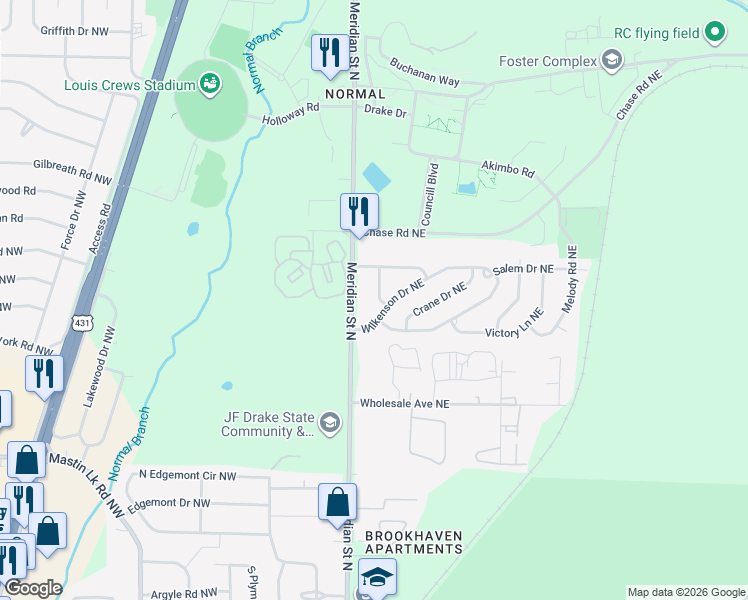 map of restaurants, bars, coffee shops, grocery stores, and more near 184 Wilkenson Drive Northeast in Huntsville
