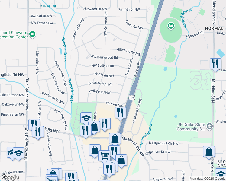 map of restaurants, bars, coffee shops, grocery stores, and more near 2101 Phillips Road Northwest in Huntsville
