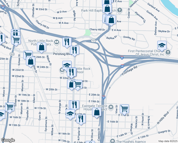 map of restaurants, bars, coffee shops, grocery stores, and more near 2200 North Poplar Street in North Little Rock