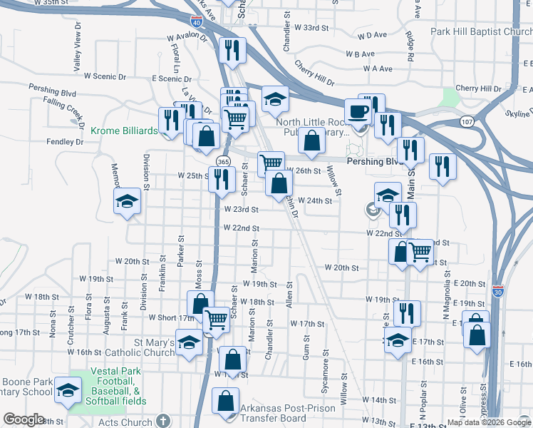 map of restaurants, bars, coffee shops, grocery stores, and more near 707 West 22nd Street in North Little Rock