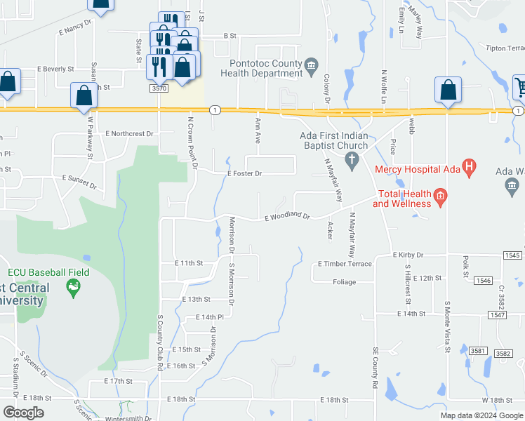 map of restaurants, bars, coffee shops, grocery stores, and more near 2127 East Woodland Drive in Ada