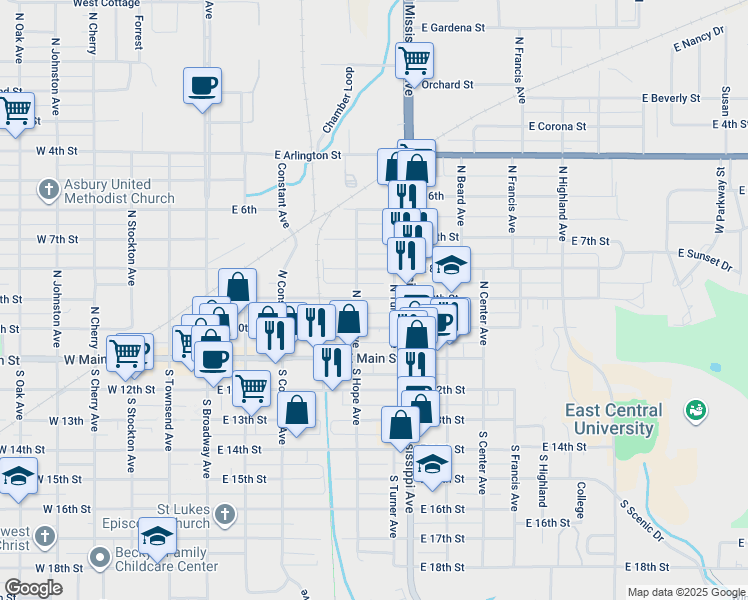 map of restaurants, bars, coffee shops, grocery stores, and more near 204 North Hope Avenue in Ada