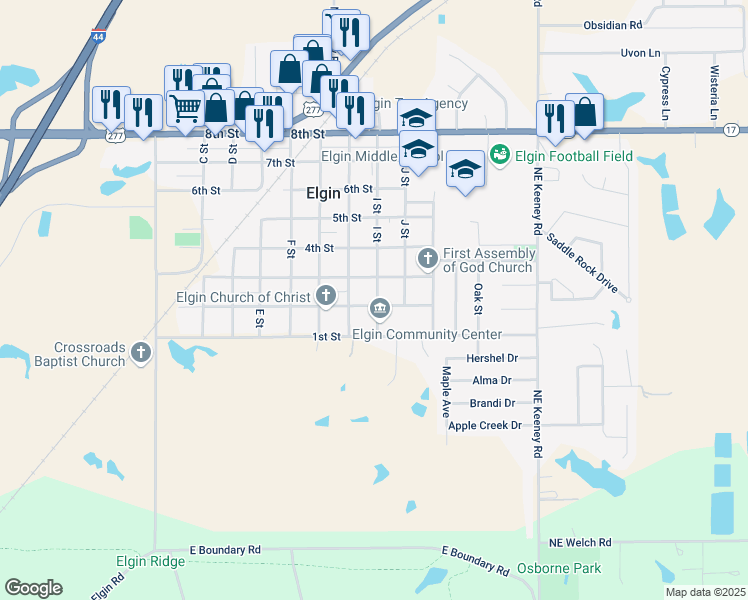 map of restaurants, bars, coffee shops, grocery stores, and more near 101 I Street in Elgin