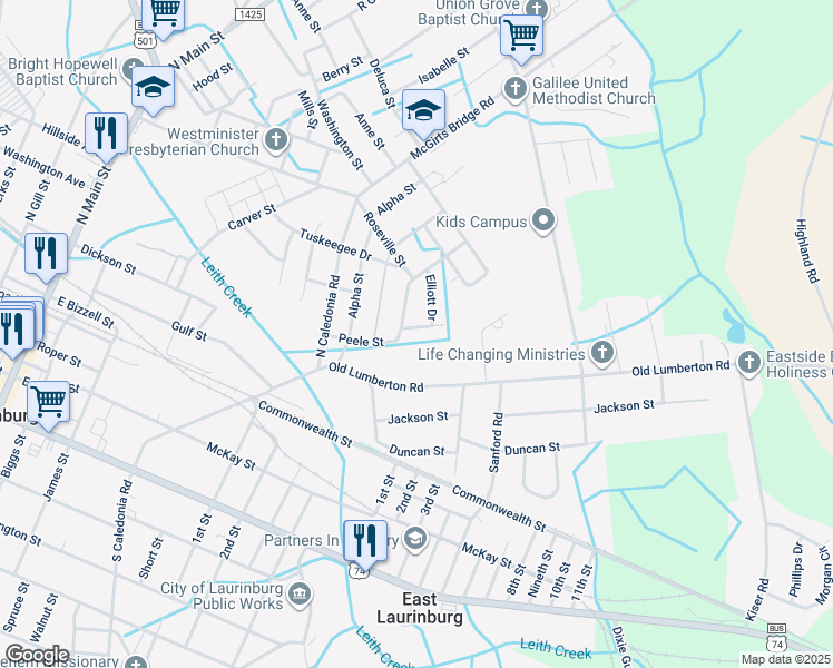 map of restaurants, bars, coffee shops, grocery stores, and more near 407 Avery Street in Laurinburg