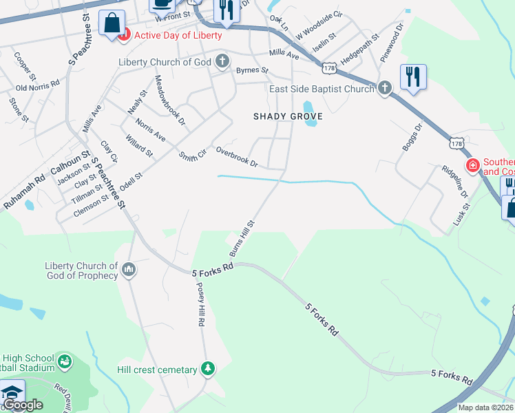map of restaurants, bars, coffee shops, grocery stores, and more near 157 Burns Hill Street in Liberty