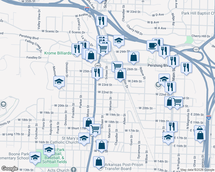 map of restaurants, bars, coffee shops, grocery stores, and more near 820 West 23rd Street in North Little Rock