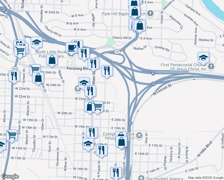 map of restaurants, bars, coffee shops, grocery stores, and more near 2300 North Poplar Street in North Little Rock