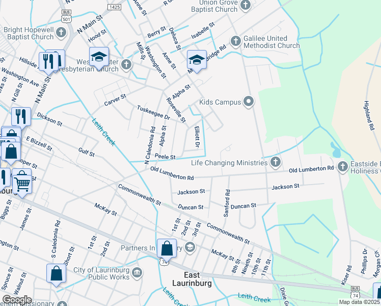 map of restaurants, bars, coffee shops, grocery stores, and more near 407 Avery Street in Laurinburg