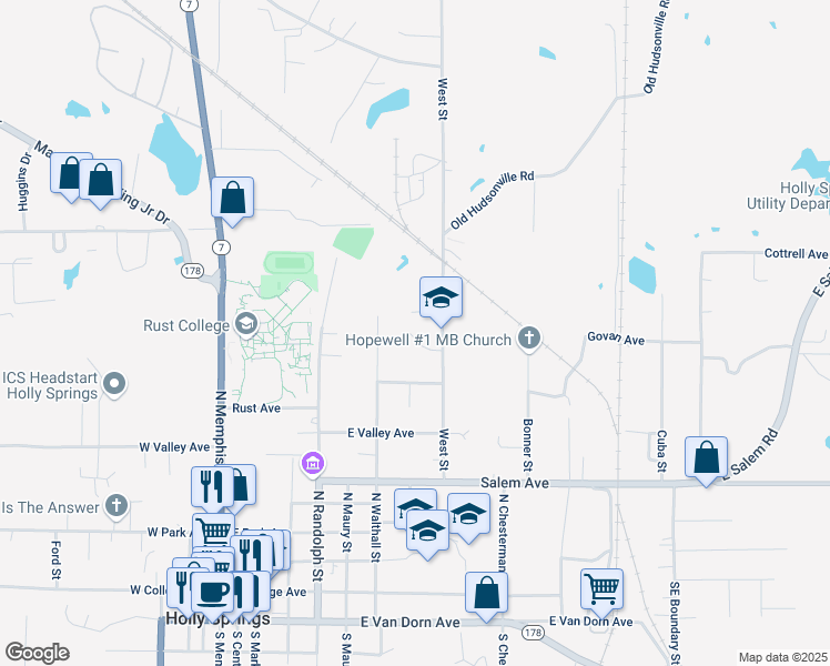 map of restaurants, bars, coffee shops, grocery stores, and more near 360 West Street in Holly Springs