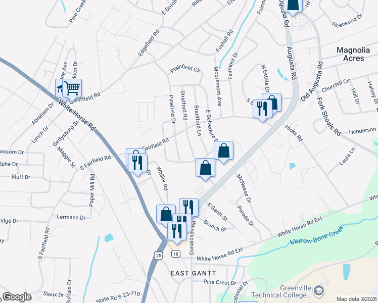 map of restaurants, bars, coffee shops, grocery stores, and more near 105 Stratford Road in Greenville