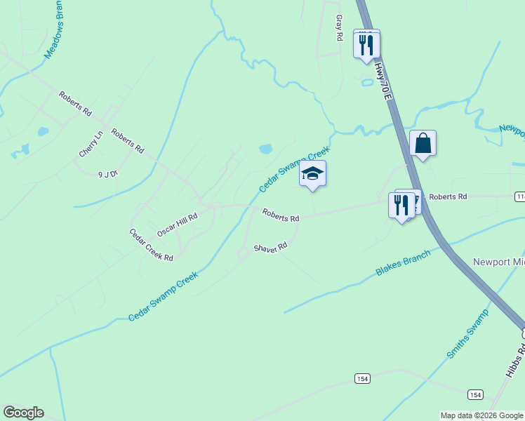 map of restaurants, bars, coffee shops, grocery stores, and more near 575 Roberts Rd in Newport