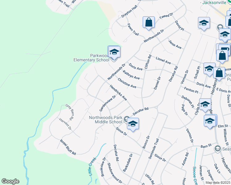 map of restaurants, bars, coffee shops, grocery stores, and more near 813 Gardenview Drive in Jacksonville