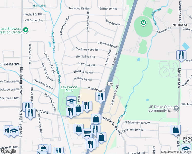 map of restaurants, bars, coffee shops, grocery stores, and more near 2101 Phillips Road Northwest in Huntsville