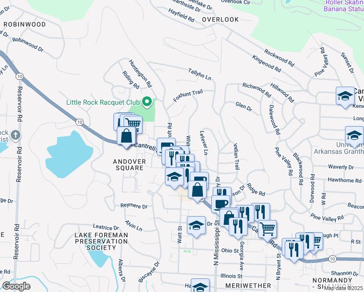 map of restaurants, bars, coffee shops, grocery stores, and more near 77 White Oak Lane in Little Rock