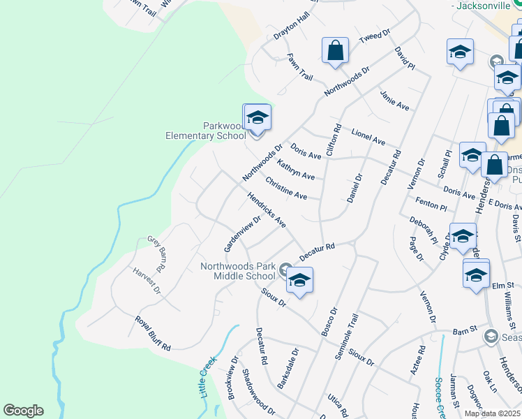 map of restaurants, bars, coffee shops, grocery stores, and more near 813 Gardenview Drive in Jacksonville