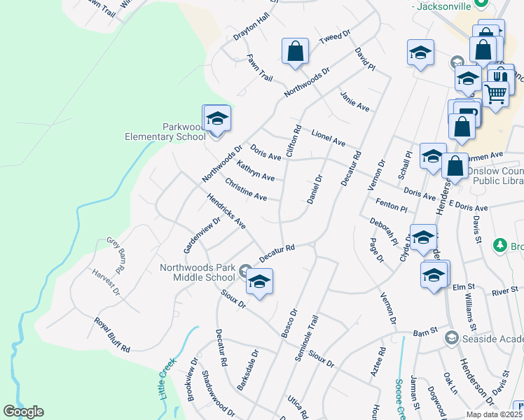 map of restaurants, bars, coffee shops, grocery stores, and more near 901 Daniel Drive in Jacksonville