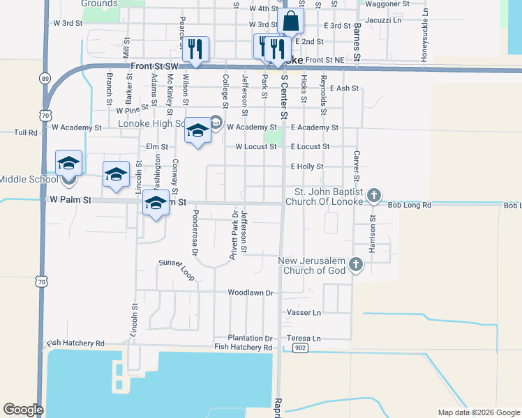 map of restaurants, bars, coffee shops, grocery stores, and more near 709 Jefferson Street in Lonoke