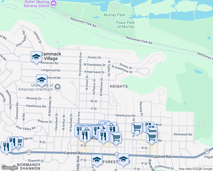 map of restaurants, bars, coffee shops, grocery stores, and more near 2728 North Fillmore Street in Little Rock