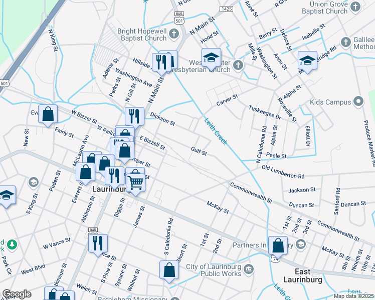 map of restaurants, bars, coffee shops, grocery stores, and more near 236 Gulf Street in Laurinburg