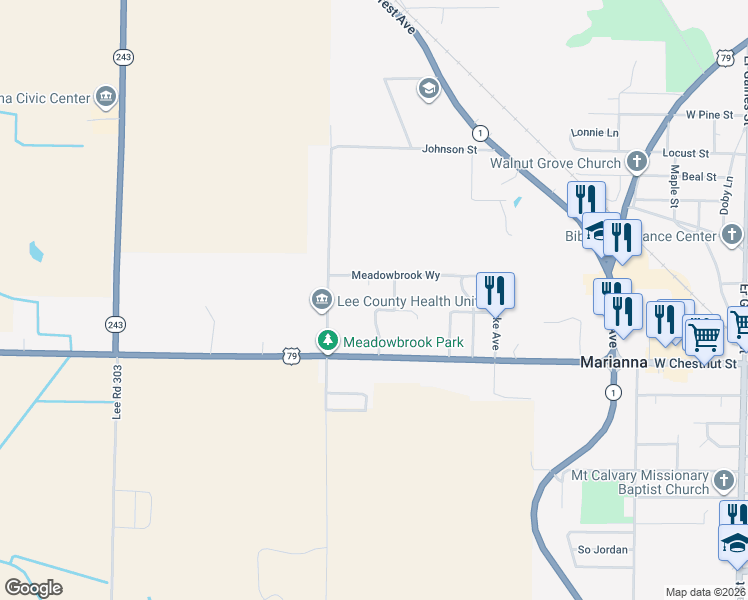 map of restaurants, bars, coffee shops, grocery stores, and more near 133 Robert Taylor Drive in Marianna