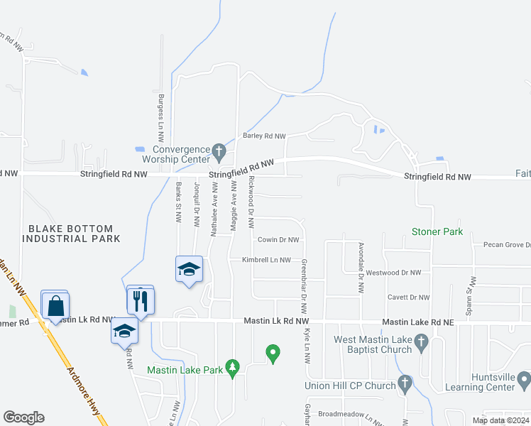 map of restaurants, bars, coffee shops, grocery stores, and more near 3638 Greenbriar Drive Northwest in Huntsville