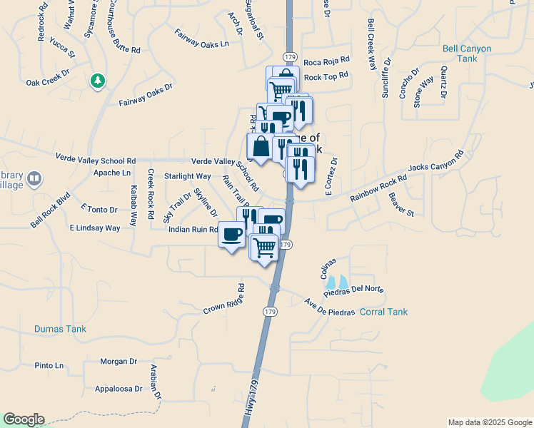 map of restaurants, bars, coffee shops, grocery stores, and more near 137 Verde Valley School Road in Sedona