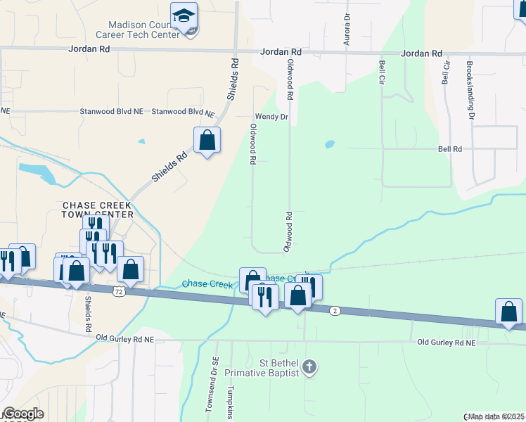 map of restaurants, bars, coffee shops, grocery stores, and more near 180 Oldwood Road in Huntsville