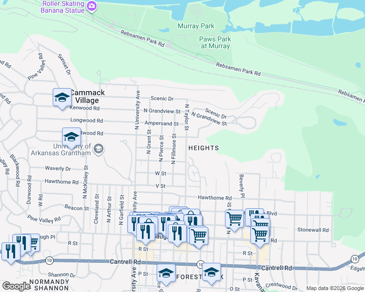 map of restaurants, bars, coffee shops, grocery stores, and more near 2728 North Fillmore Street in Little Rock