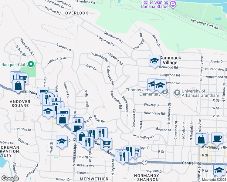 map of restaurants, bars, coffee shops, grocery stores, and more near 1312 Pine Valley Road in Little Rock