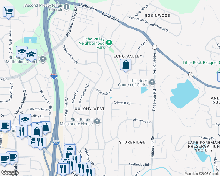 map of restaurants, bars, coffee shops, grocery stores, and more near 2714 Millbrook Road in Little Rock