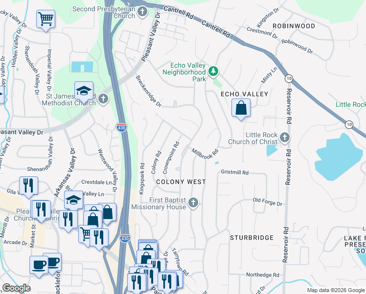map of restaurants, bars, coffee shops, grocery stores, and more near 39 Crownpoint Road in Little Rock