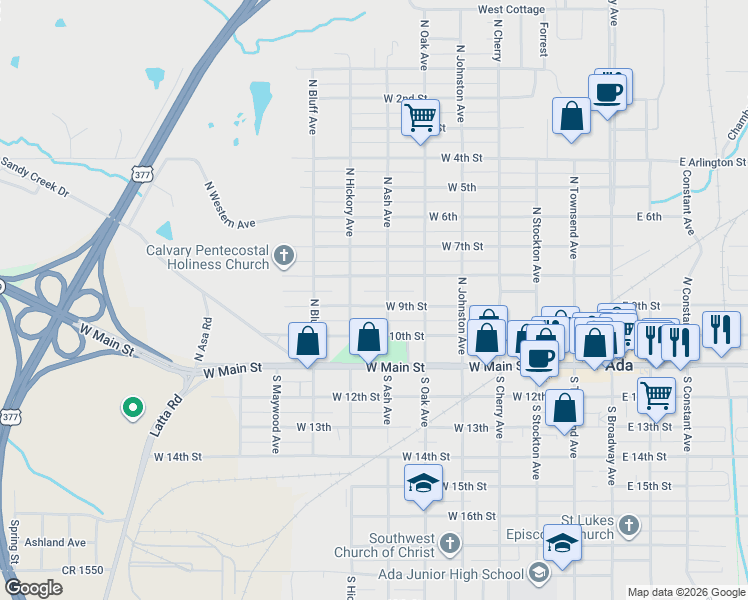 map of restaurants, bars, coffee shops, grocery stores, and more near 323 North Ash Avenue in Ada
