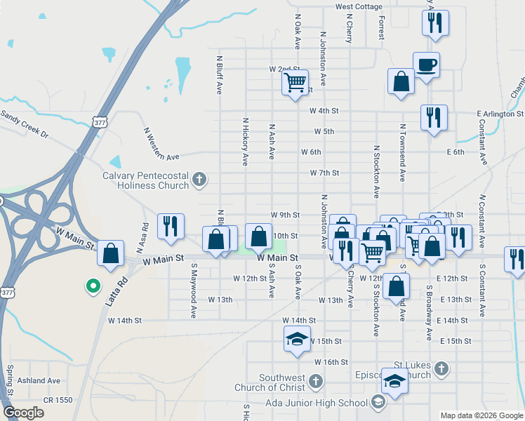 map of restaurants, bars, coffee shops, grocery stores, and more near 712 West 9th Street in Ada