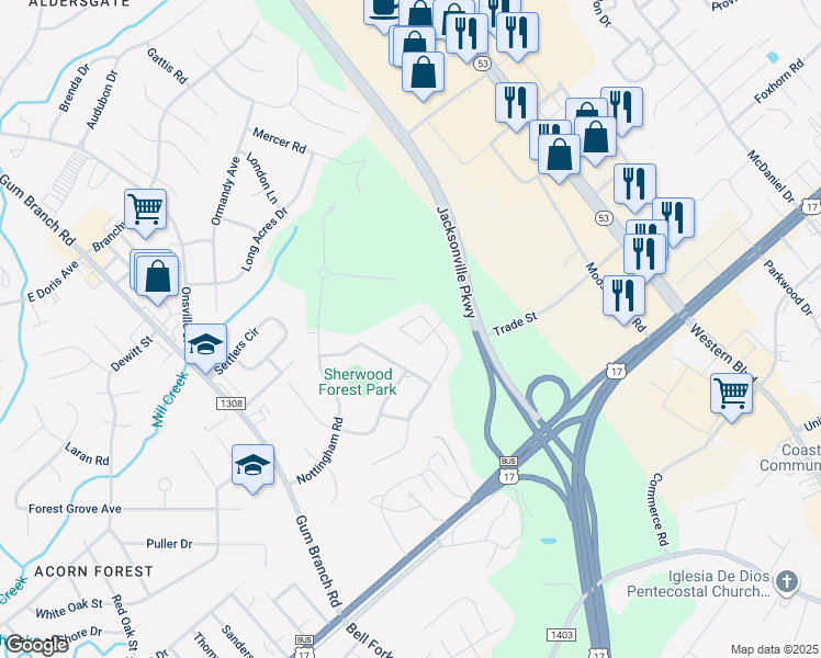 map of restaurants, bars, coffee shops, grocery stores, and more near 405 King Richard Court in Jacksonville