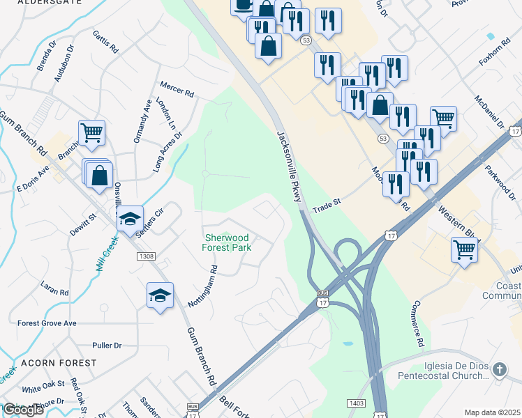 map of restaurants, bars, coffee shops, grocery stores, and more near 405 King Richard Court in Jacksonville