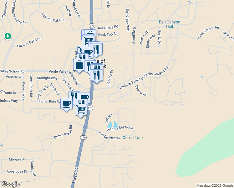 map of restaurants, bars, coffee shops, grocery stores, and more near 25 Palo Verde Circle in Sedona