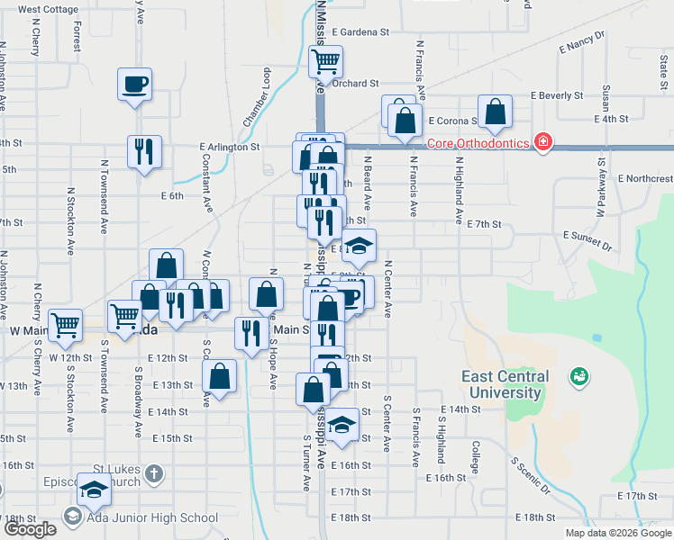 map of restaurants, bars, coffee shops, grocery stores, and more near 701-799 E 8th St in Ada