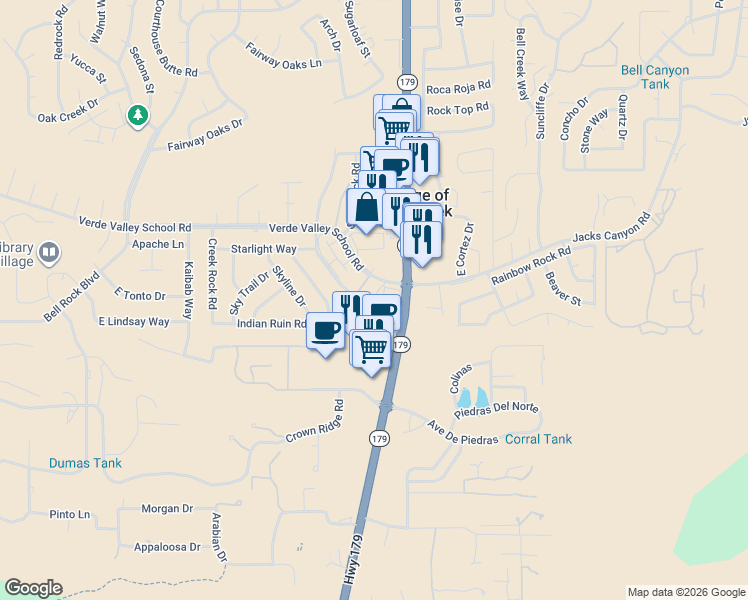 map of restaurants, bars, coffee shops, grocery stores, and more near 65 Verde Valley School Road in Sedona
