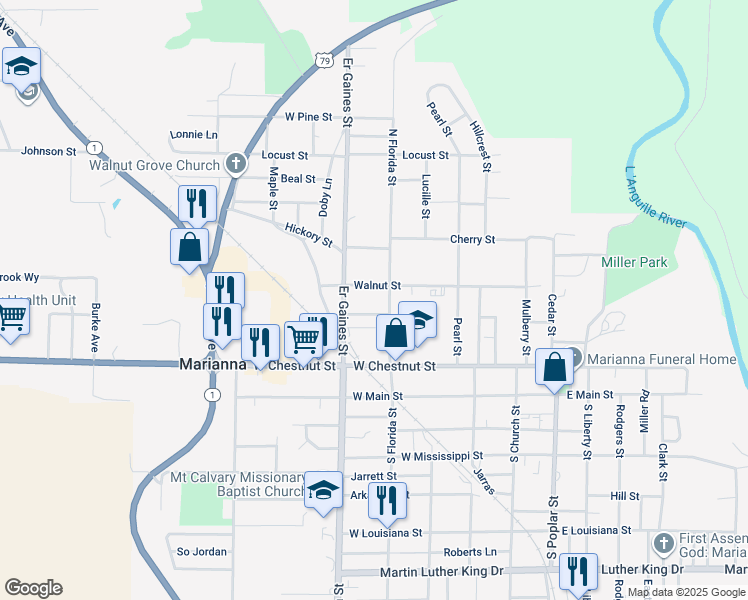 map of restaurants, bars, coffee shops, grocery stores, and more near 153 North Florida Street in Marianna